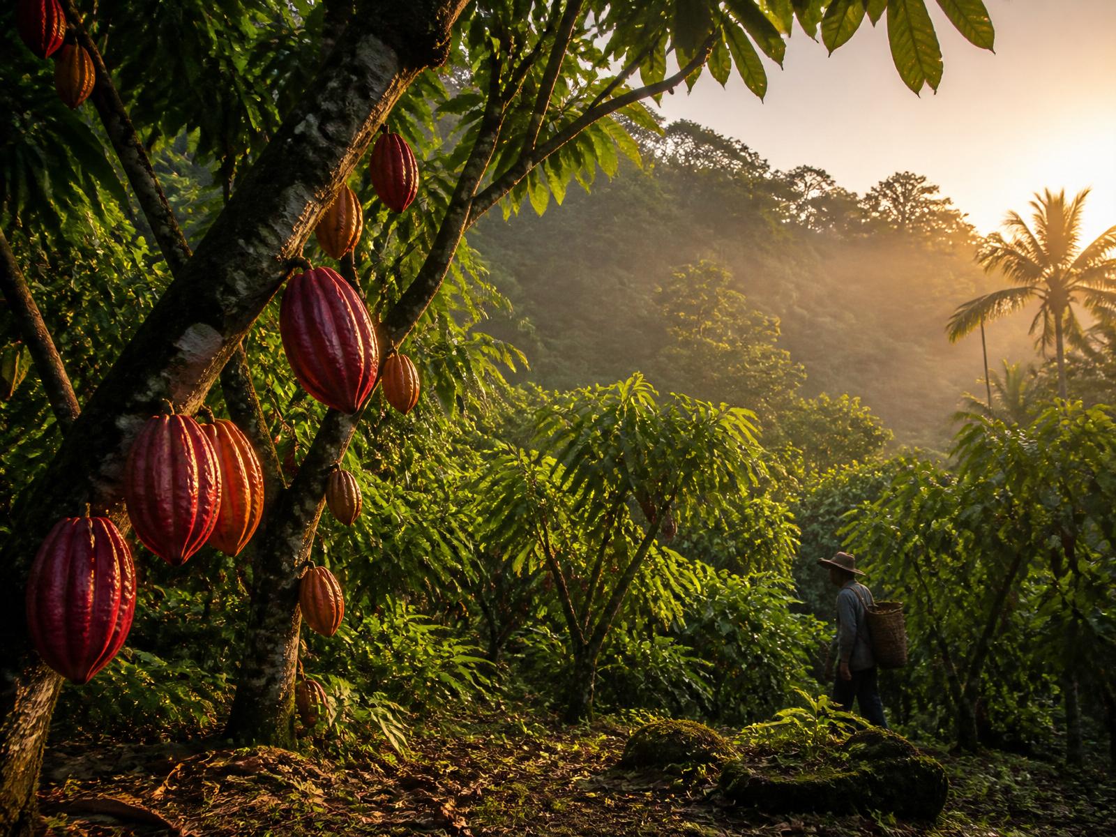 Kebun kakao tropis Indonesia saat matahari terbenam